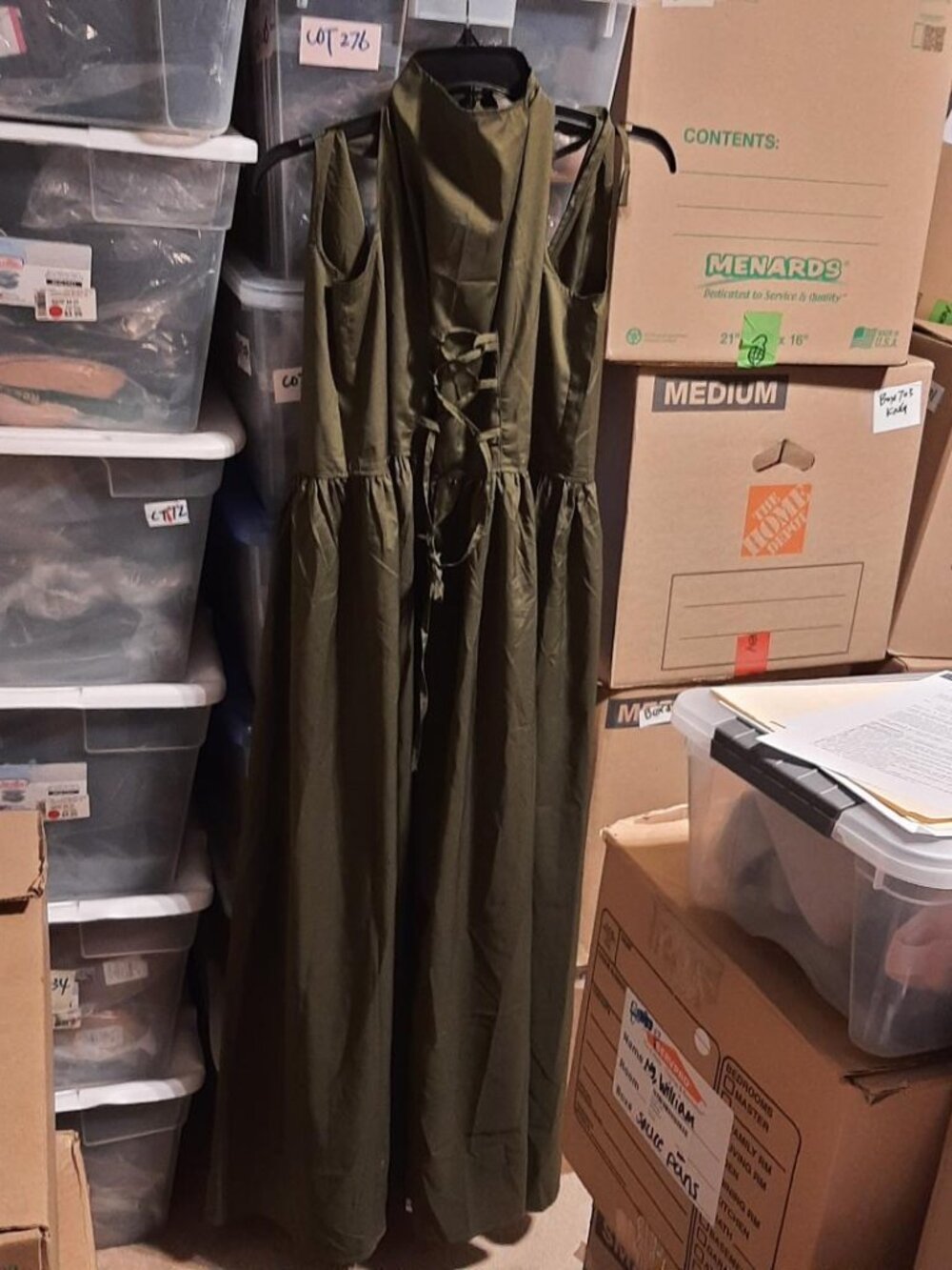NEW ! WMN Olive Green Sleeveless Maxi Dress W High Collar & Lace Up Back Sz L/XL